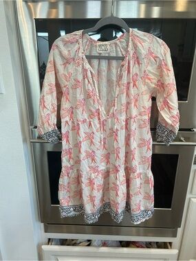 SZ blockprints Bird-Print Swim Coverup Tunic no size tag S? Has wear